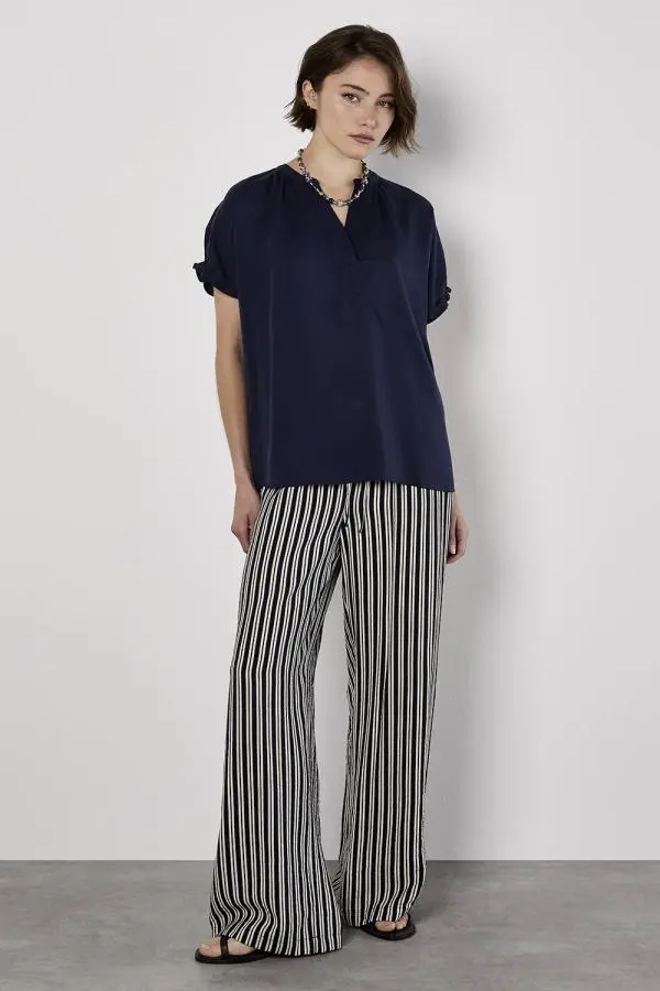 Apricot Women's Wide Leg Stripe Trousers in Navy 