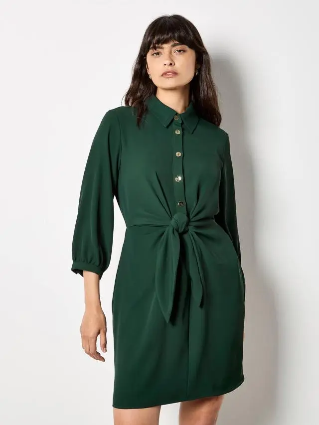Apricot Women's Tie Front Shirt Mini Dress in Green 