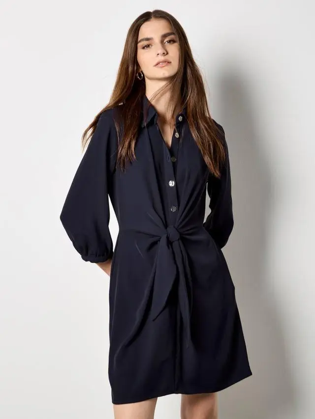 Apricot Women's Tie Front Shirt Mini Dress in Navy 