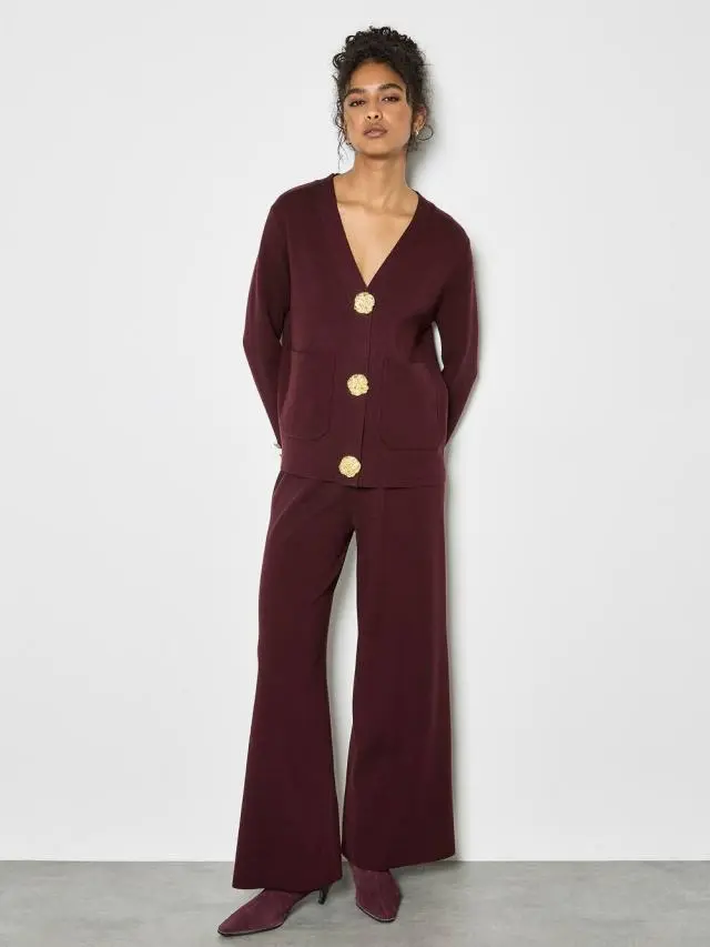 Apricot Women's Statement Hammered Buttons Lightweight Cardigan in Burgundy | Size: 8