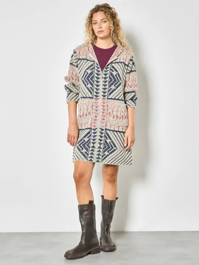 Apricot Women's Geometric Folk Knitted Coatigan in Cream 