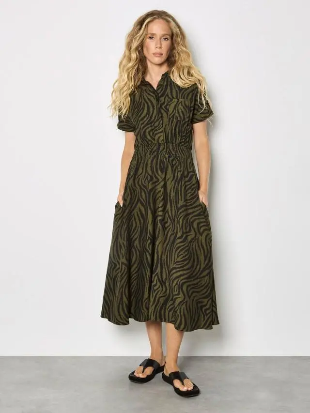 Apricot Women's Zebra Print Shirt Midi Dress in Khaki 