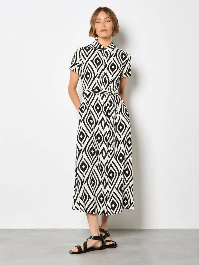Apricot Women's Geo Print Shirt Midi Dress in Black 