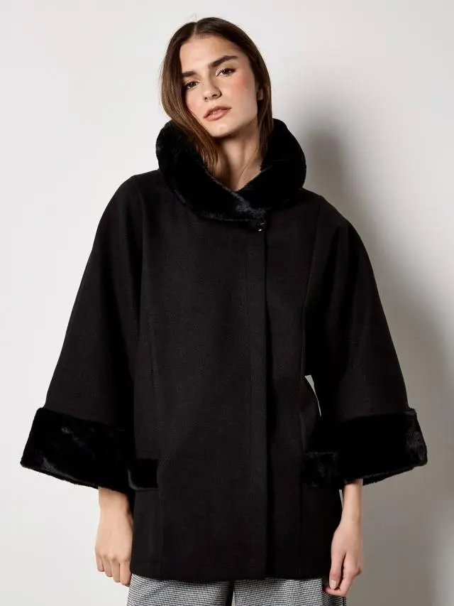 Apricot Women's Faux Fur Trim Wrap Jacket in Black 