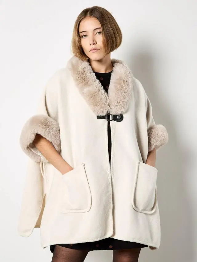 Apricot Women's Faux Fur Trim Cape in Cream