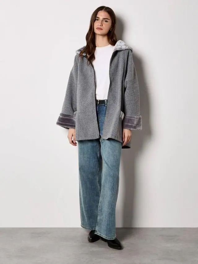 Apricot Women's Faux Fur Zip Fleece Jacket in Grey 