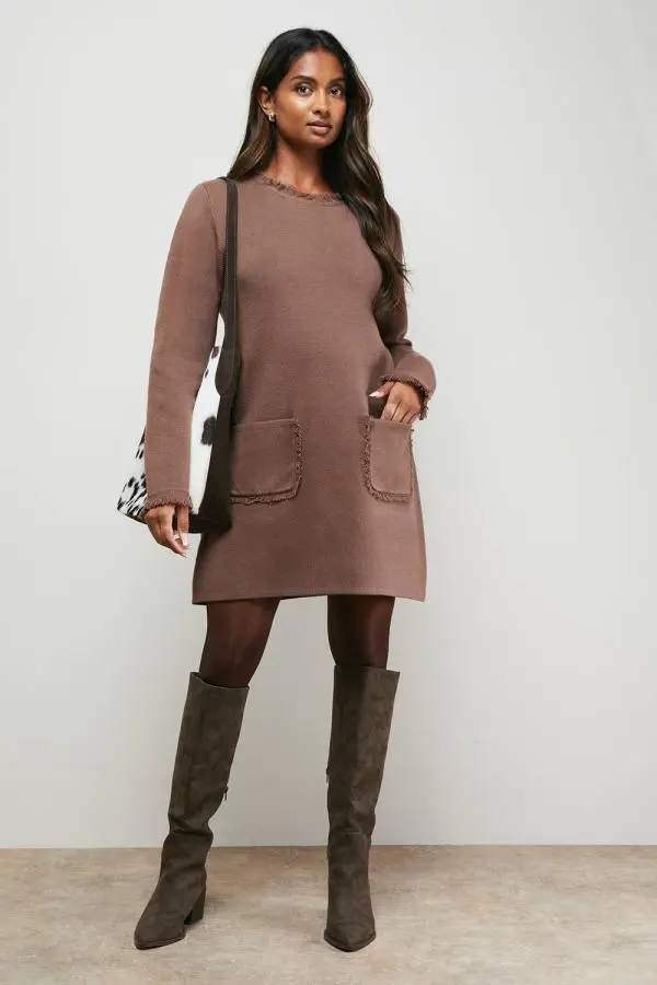 Oasis Women's Fringe Detail Crew Neck Mini Dress in Mocha 