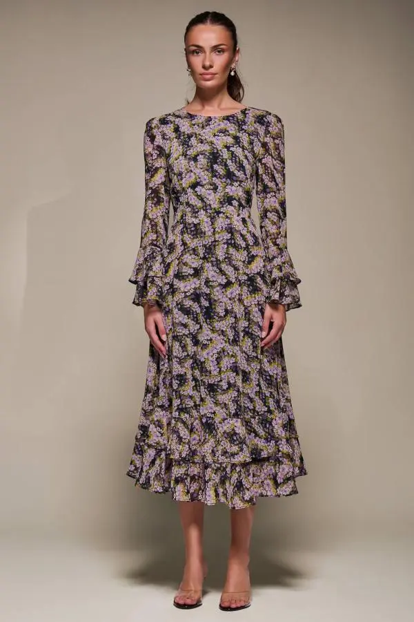 Jolie Moi Women's Long Sleeve Chiffon Frill Midaxi Dress 