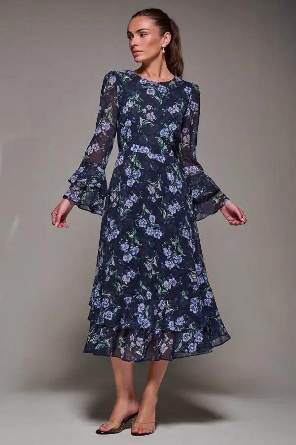 Jolie Moi Women's Long Sleeve Chiffon Frill Midaxi Dress in Navy 
