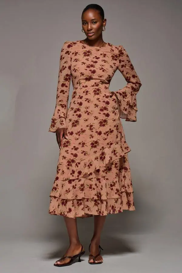 Jolie Moi Women's Long Sleeve Frill Chiffon Midaxi Dress in Coral 