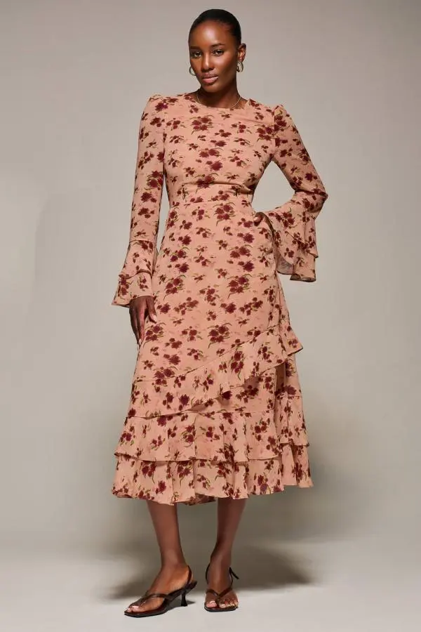 Jolie Moi Women's Long Sleeve Frill Chiffon Midaxi Dress in Coral 