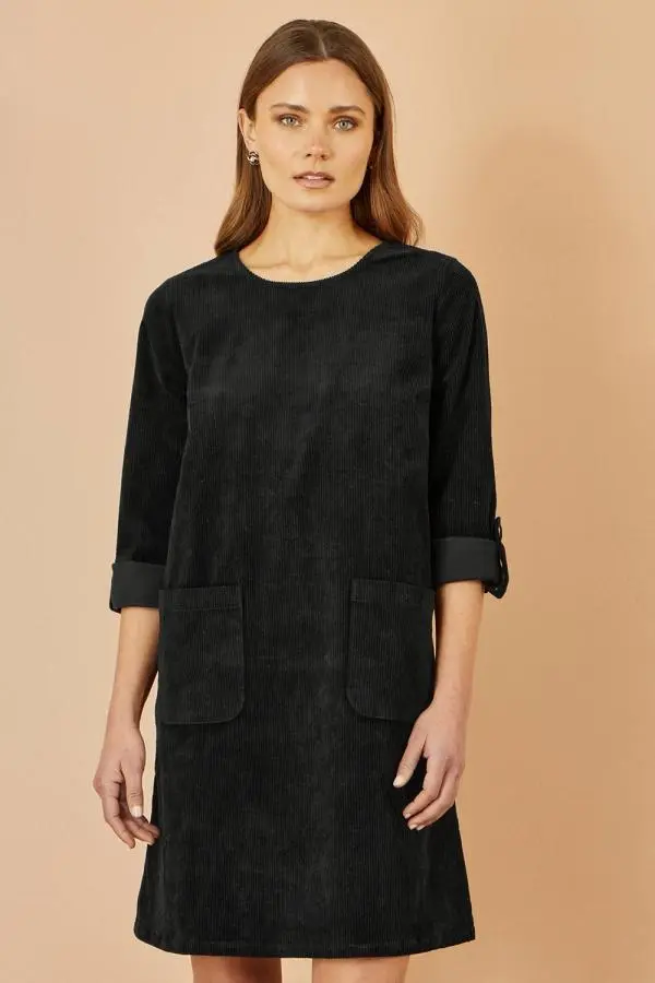 Yumi Women's Black Cord Tunic Dress With 3/4 Sleeves & Pockets 