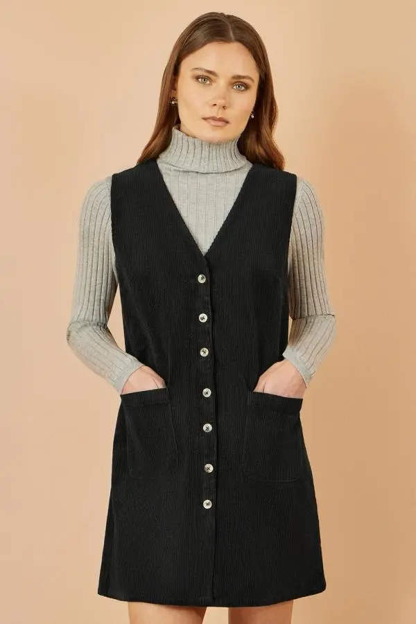 Yumi Women's Black Cord Button Through Pinafore Dress With Pockets 