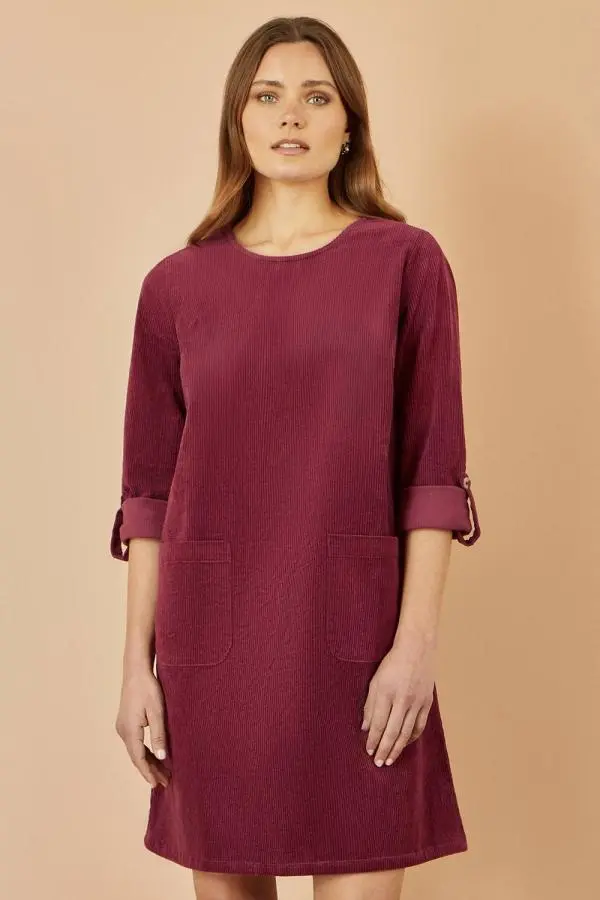 Yumi Women's Burgundy Cord Tunic Dress With 3/4 Sleeves & Pockets 