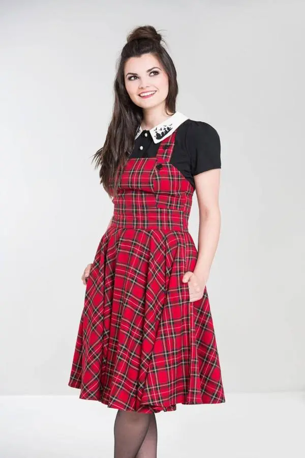 Hell Bunny Women's Irvine Tartan Pinafore Midi Dress in Red 