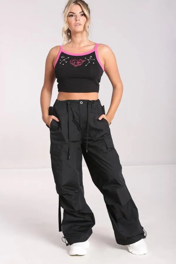 Hell Bunny Women's Nickel Baggy Style Black Trousers Green 