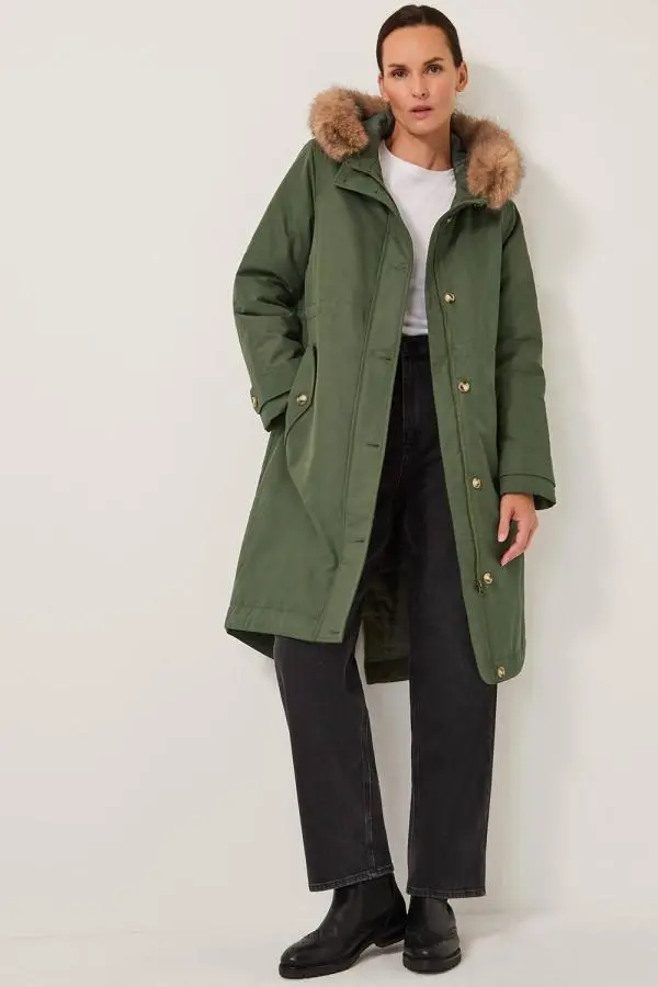 Monsoon Women's Paula Faux Fur Parka Coat Green 