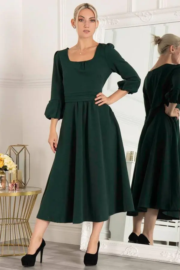 Jolie Moi Women's Bell Sleeve Flare Midi Dress in Dark Green 