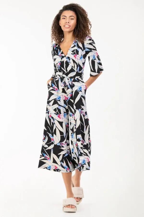 Jolie Moi Women's Cara Wrap Front Jersey Jumpsuit in Black 