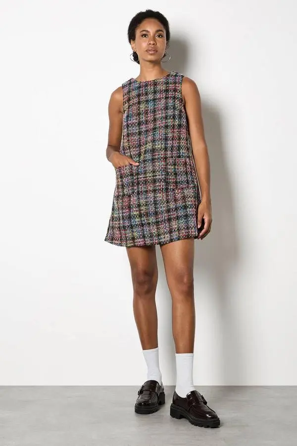 Apricot Women's Colour Pop Tweed Shift Mini Dress in Black 