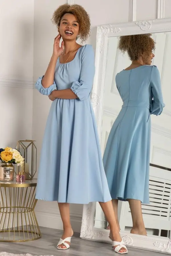 Jolie Moi Women's Bell Sleeve Flare Midi Dress in Blue 