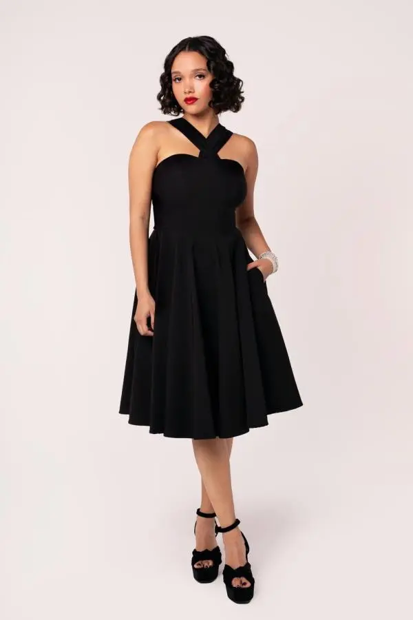 Hell Bunny Women's Gina 50s Style Crossover Straps Black Midi Dress 