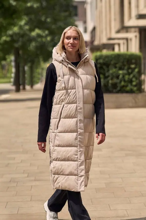 Animal Women's 'Comfort Zone' Water Resistant PFC Free Hooded Padded Longline Gilet in Beige 