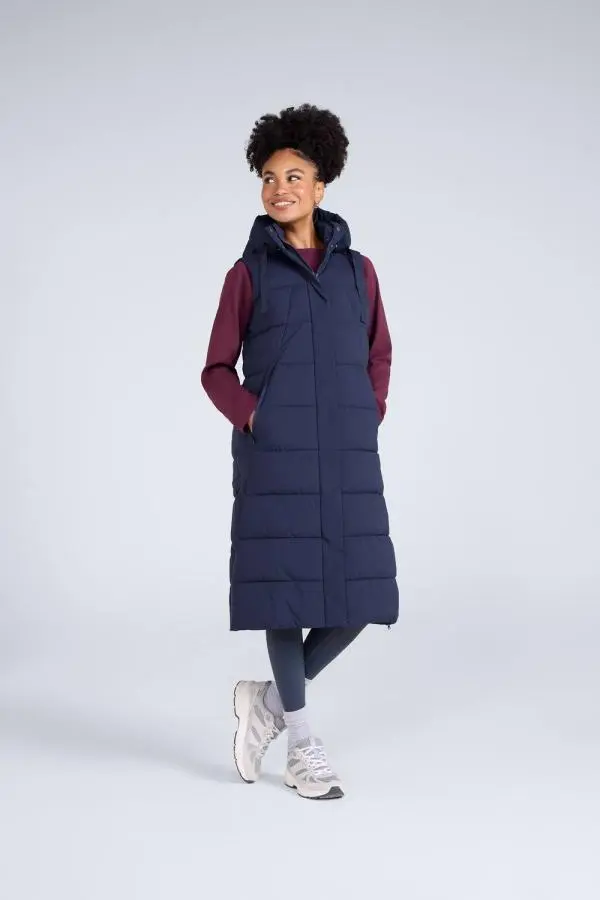 Animal Women's 'Comfort Zone' Water Resistant PFC Free Hooded Padded Longline Gilet in Navy 