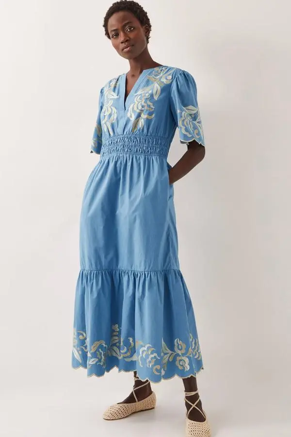 Monsoon Women's Leia Embroidered Short Sleeve Midi Dress Blue 