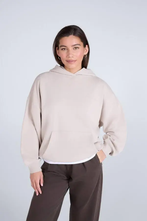 Animal Women's 'Idol' Logo Print Kangaroo Pocket Cotton Snug Fit Drop Shoulder Hoody in Light Beige 