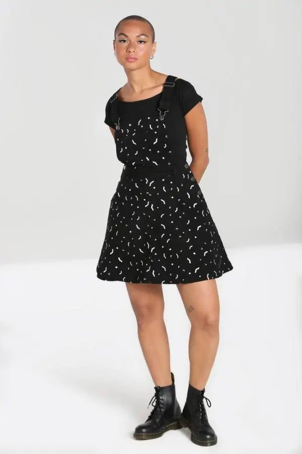 Hell Bunny Women's Embroidered Bat & Moon Cotton Front Pocket Pinafore Mini Dress Black 