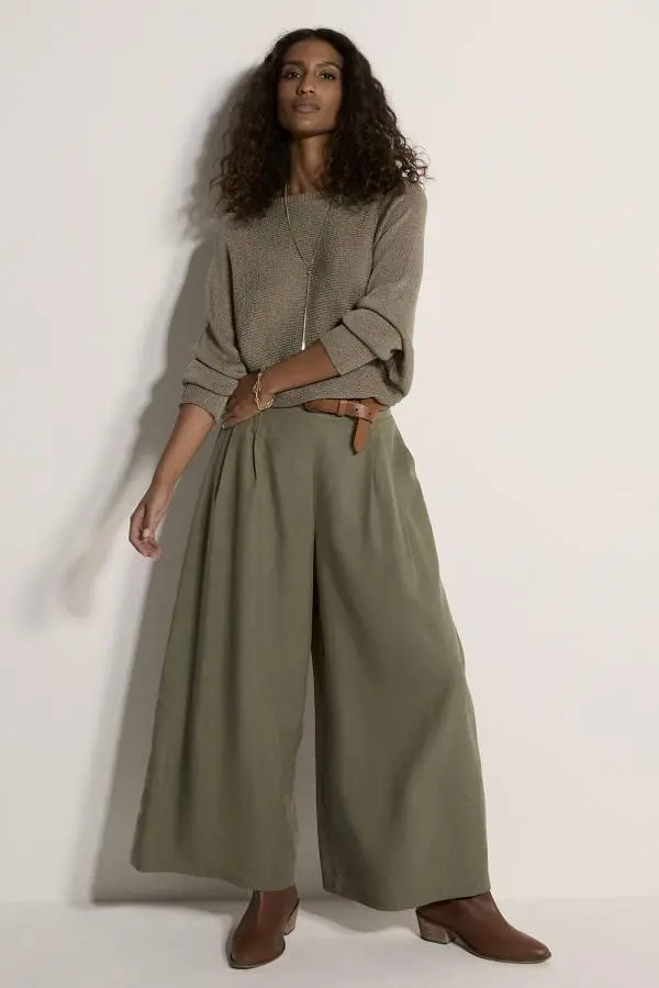 Apricot Women's Slub Linen Wide-Leg Trousers in Khaki 