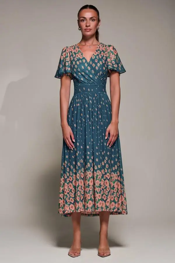 Jolie Moi Women's Mirrored Mesh Short Sleeve Midaxi Dress in Teal 