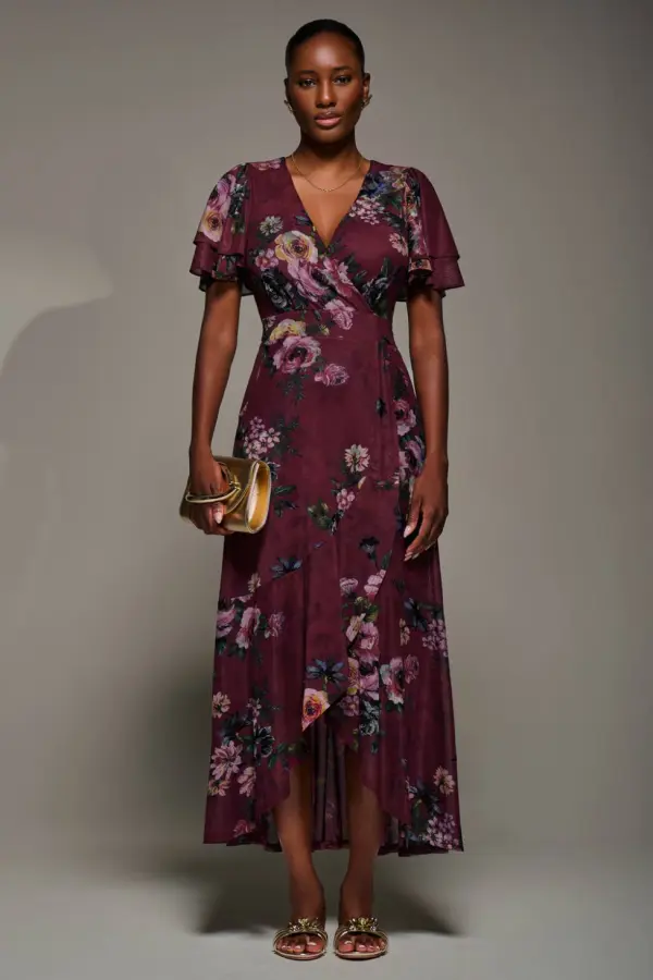 Jolie Moi Women's Angel Sleeve Mesh Frill Wrap Maxi Dress in Burgundy 