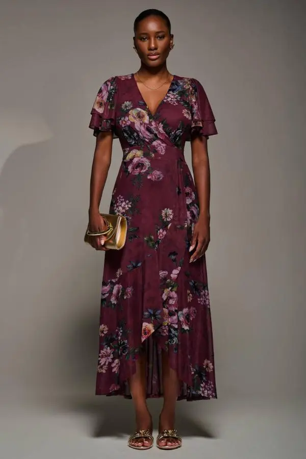 Jolie Moi Women's Angel Sleeve Mesh Frill Wrap Maxi Dress in Burgundy 