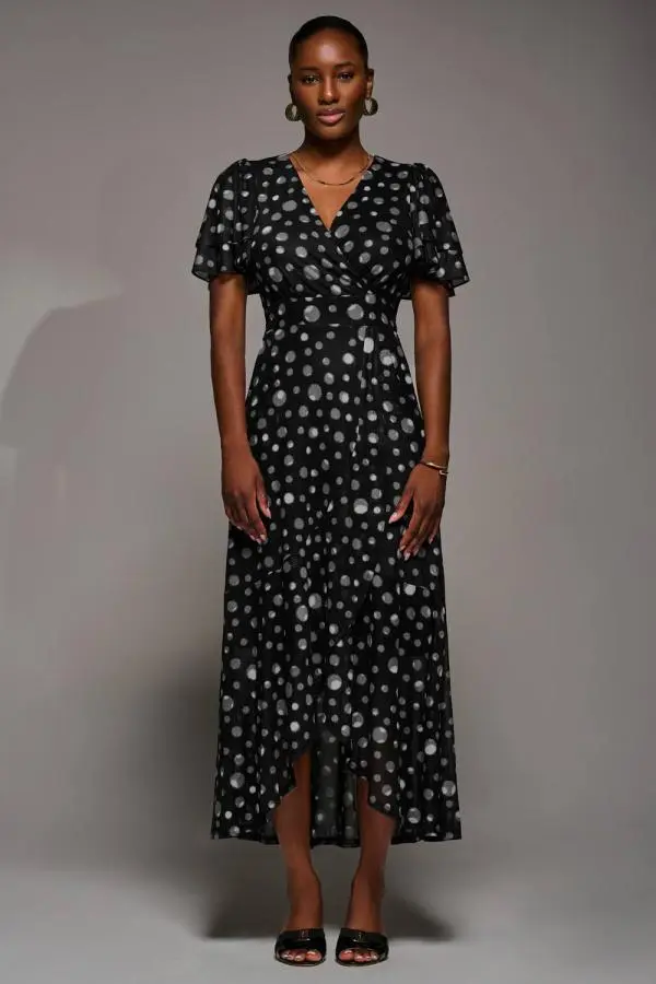 Jolie Moi Women's Angel Sleeve Mesh Frill Wrap Maxi Dress in Black 