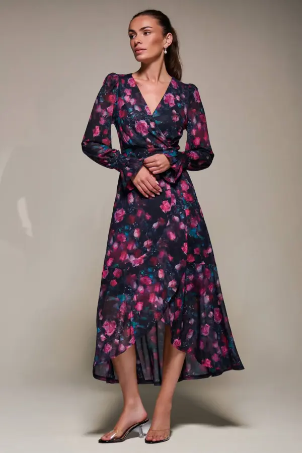 Jolie Moi Women's Ruffle Cuffed Sleeve Frill Mesh Maxi Dress in Navy 