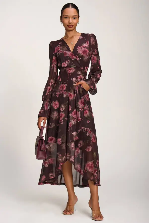 Jolie Moi Women's Ruffle Cuffed Sleeve Frill Mesh Maxi Dress in Burgundy 