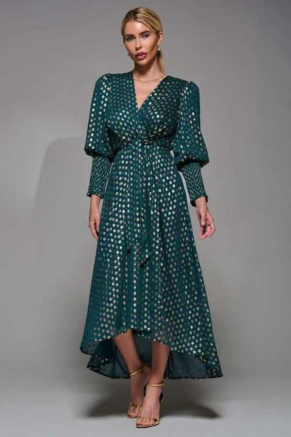 Jolie Moi Women's Puff Sleeve Metalic Spot Print Dip Hem Midi Dress in Dark Green