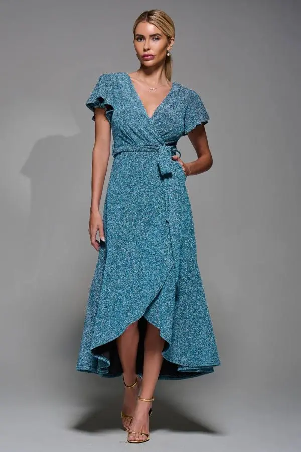 Jolie Moi Women's Metalic Angel Sleeve Wrap Maxi Dress in Blue 