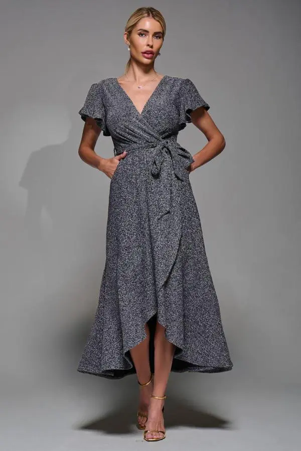 Jolie Moi Women's Metalic Angel Sleeve Wrap Maxi Dress in Silver 