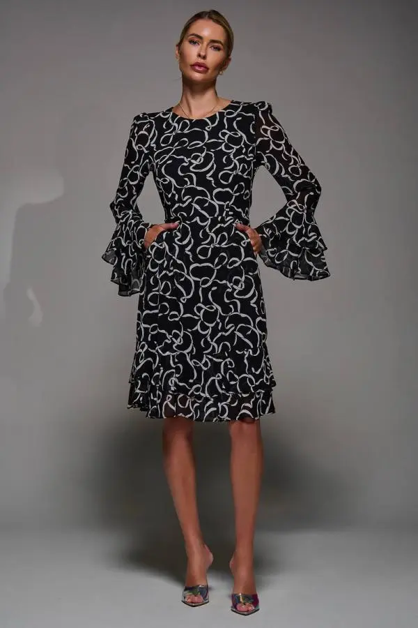 Jolie Moi Women's Long Sleeve Chiffon Knee Length Dress in Black