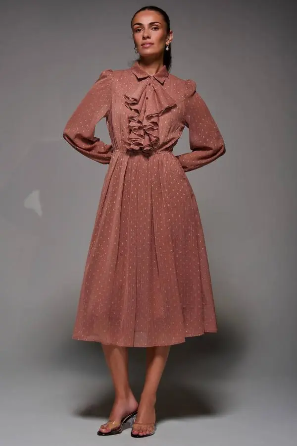 Jolie Moi Women's Textured Chiffon Ruffle Shirt Dress in Dark Pink