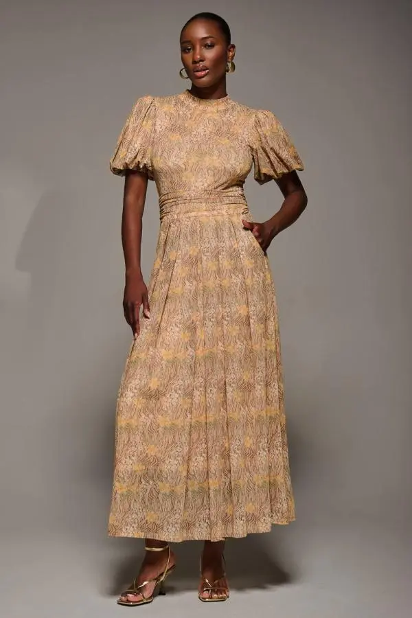 Jolie Moi Women's Puffy Sleeve Printed Mesh Maxi Dress 