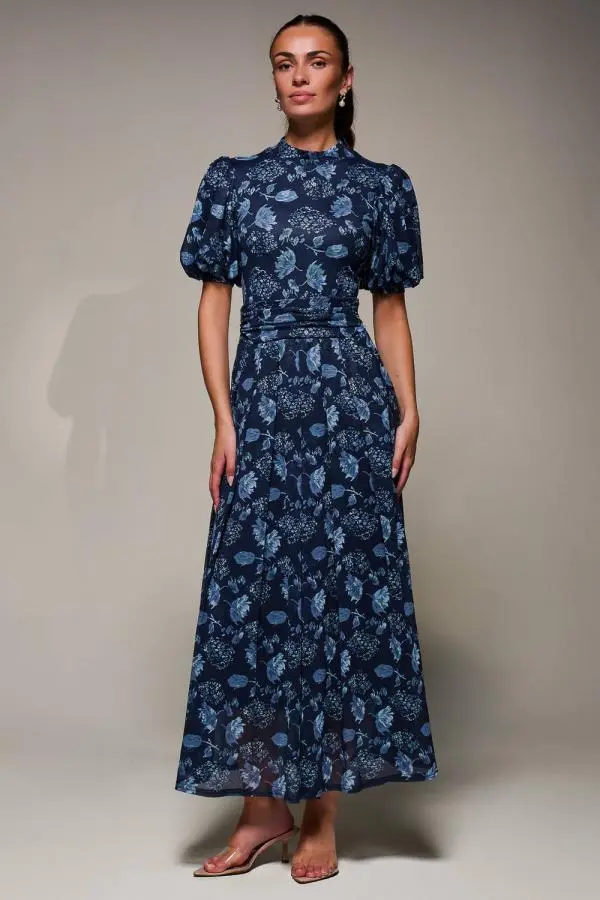 Jolie Moi Women's Puffy Sleeve Printed Mesh Maxi Dress in Navy 