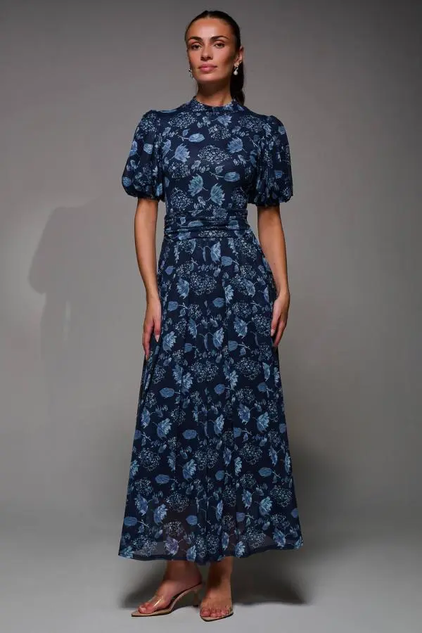 Jolie Moi Women's Puffy Sleeve Printed Mesh Maxi Dress in Navy 