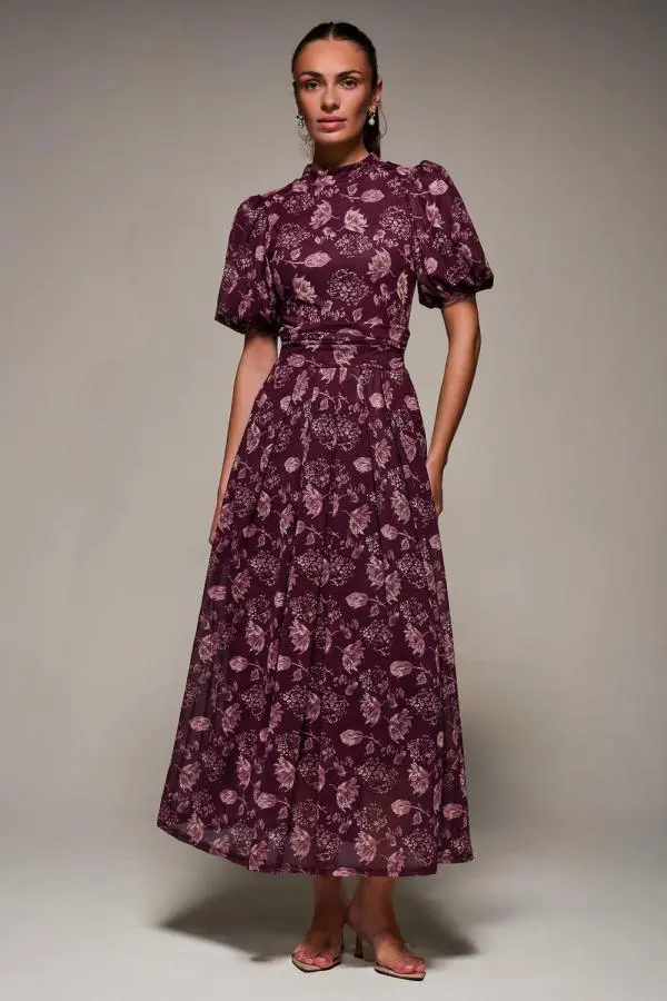Jolie Moi Women's Puffy Sleeve Printed Mesh Maxi Dress in Burgundy 