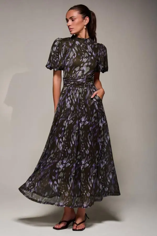 Jolie Moi Women's Puffy Sleeve Printed Mesh Maxi Dress in Dark Green 