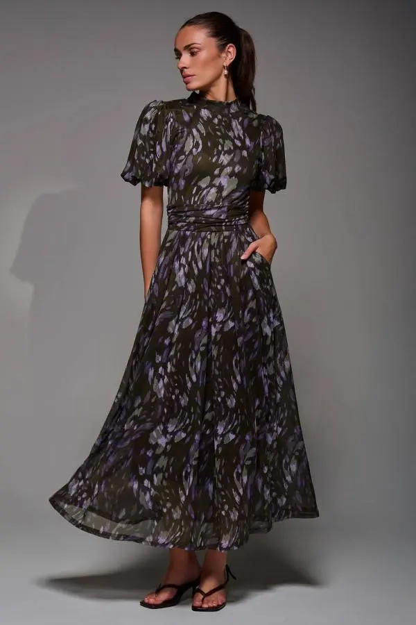 Jolie Moi Women's Puffy Sleeve Printed Mesh Maxi Dress in Dark Green