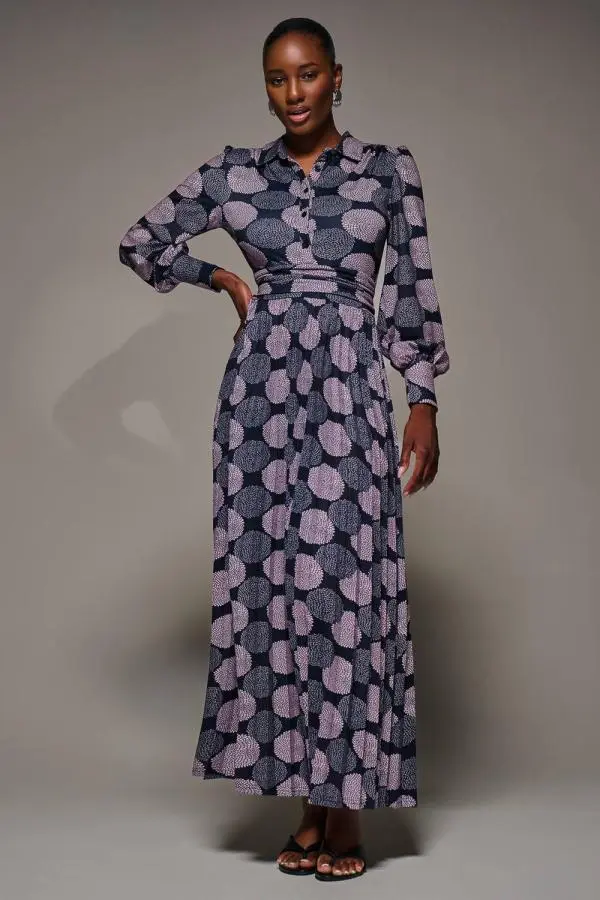 Jolie Moi Women's Long Sleeve Pleated Jersey Maxi Dress in Dark Navy 